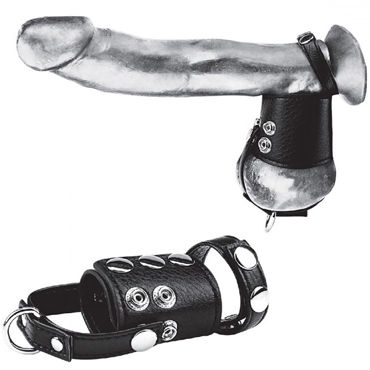 Blue Line Cock Ring With 2 Ball Stretcher and Optional Weight Ring, черное Кольцо на член и мошонку с возможностью довесить груз blue line cock ring with 1 ball stretcher and optional weight ring черный болстретчер на кнопках с кольцом для грузов