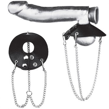 Blue Line 3,5 Parachute Ball Stretcher, черный Болстретчер-парашют из экокожи с цепочками blue line cock ring with 1 ball stretcher and optional weight ring черный болстретчер на кнопках с кольцом для грузов
