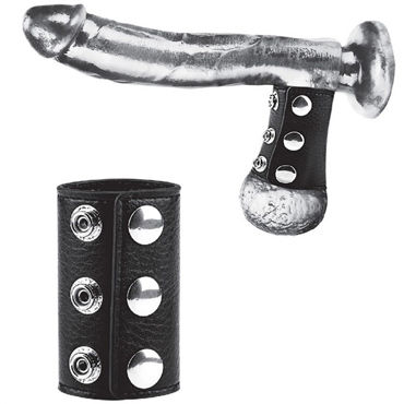 Blue Line 3 Snap Ball Stretcher, черный Широкий болстретчер из экокожи blue line cock ring with 1 ball stretcher and optional weight ring черный болстретчер на кнопках с кольцом для грузов